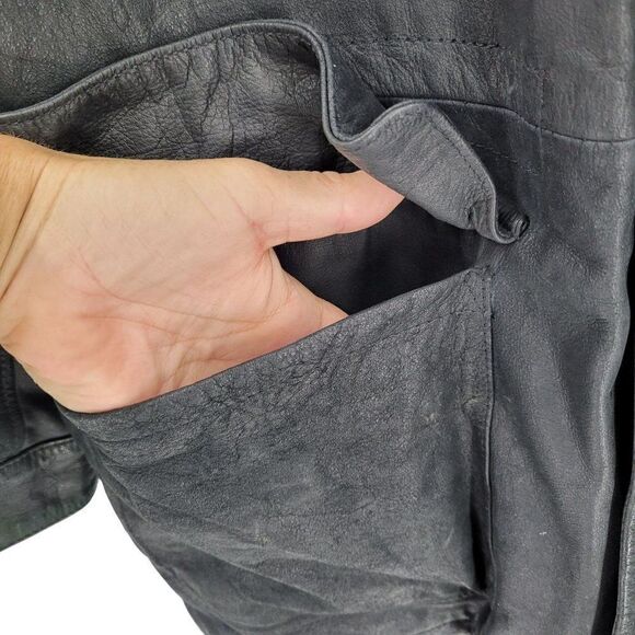 Vintage 80's John Ashford Leather Coat Anorak Jacket Collared Drawstring Black L - Picture 5 of 16